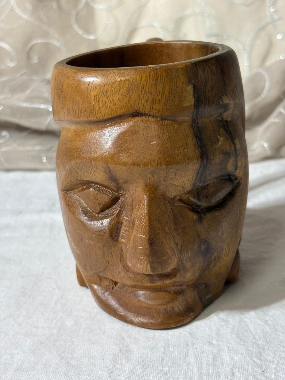 Vintage Hand Carved Wooden Face Mug Native American Chief Tribal Folk Art Cup -